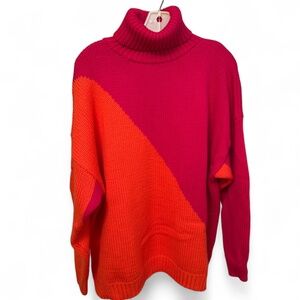 Vintage Company Ellen Tracy Wool Turtleneck Sweater L Magenta & Orange Colorbloc